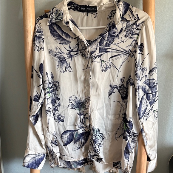 Zara Tops - Zara Floral Button Down Shirt - Cream and Navy
